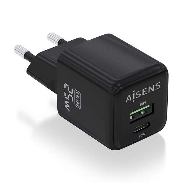 Aisens Cargador Gan 25W - 1Xusb-C Pd3.0 Qc4.0 - 1Xusb-A Qc3.0 - Color Negro