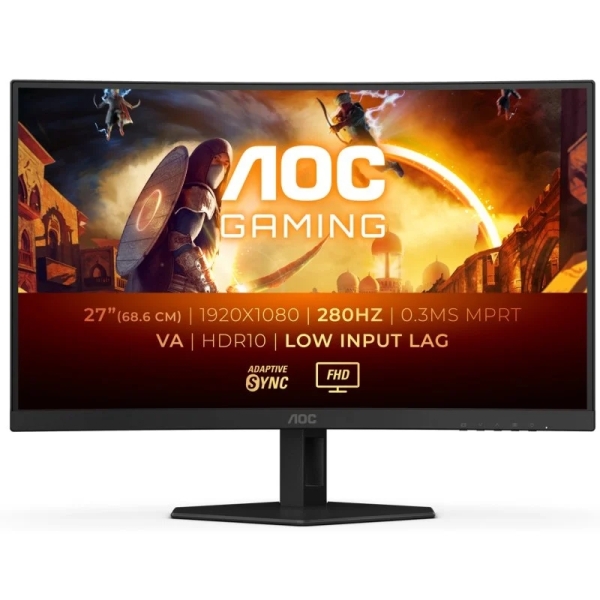 Aoc G4 Monitor 27" Curvo 1500R Led Fast Va Fullhd 280Hz Hdr10 - Respuesta 1Ms - Angulo De Vision 178° - Hdmi, Displayport, Audio - Montaje Vesa 100X100