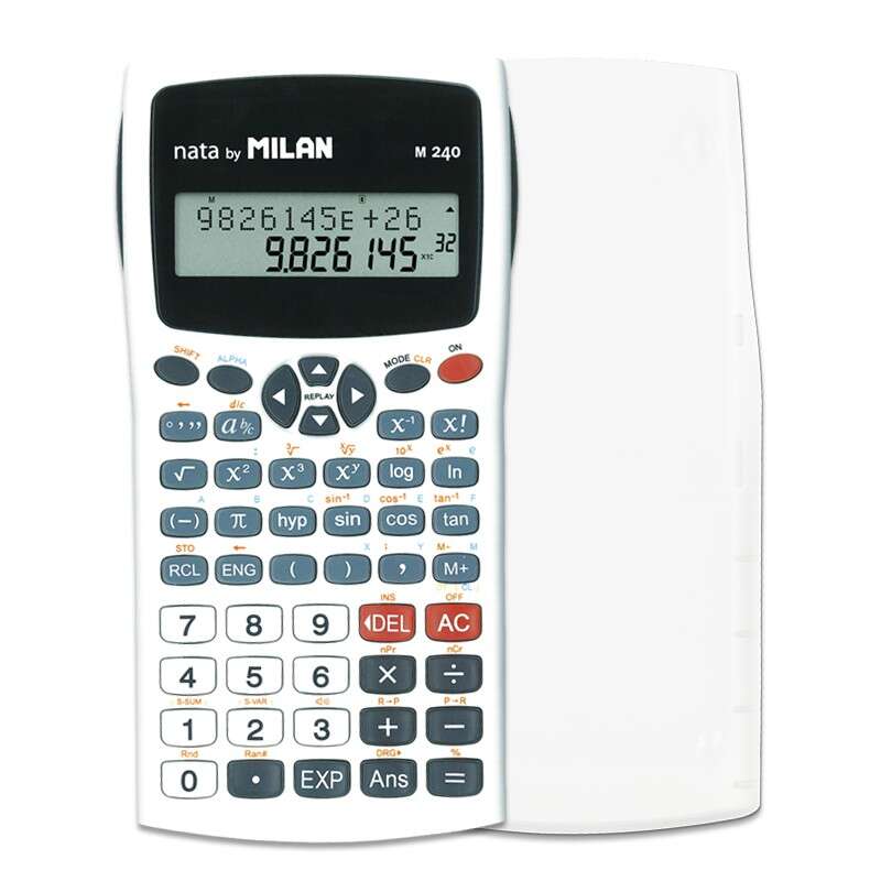 Milan M240 Calculadora Cientifica 10+2 Digitos - Pantalla De 2 Lineas - 240 Funciones Integradas Incluyendo 124 Cientificas - Carcasa Protectora - Color Blanco/Gris/Azul
