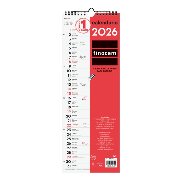 Finocam Calendario De Pared - Anual 2026 - 155X5X440Mm - Espacio Para Escribir - Color Blanco Y Rojo
