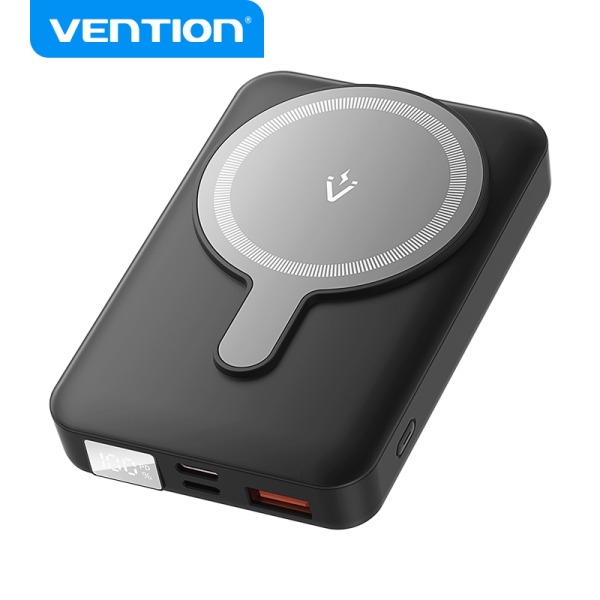 Vention Powerbank Inalambrico Magnetico 10000 Mah - Pantalla Led - Carga Rapida 22.5 W - Usb-C/Lightning/Usb-A - Color Negro