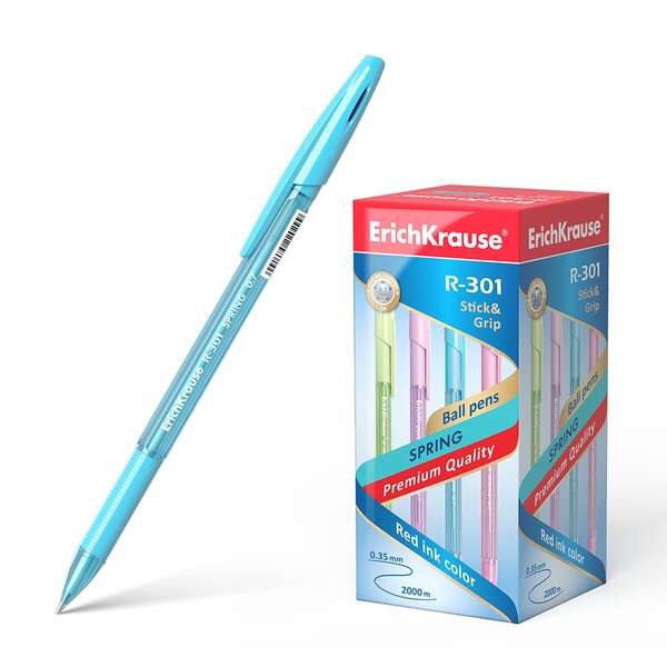 Erichkrause Boligrafo R-301 Spring Stick&Grip 0.7 - Cuerpo Hexagonal Translucido - Zona De Agarre De Goma Contorneada - Punta De 0.7Mm - Tinta De Secado Rapido - Color Azul