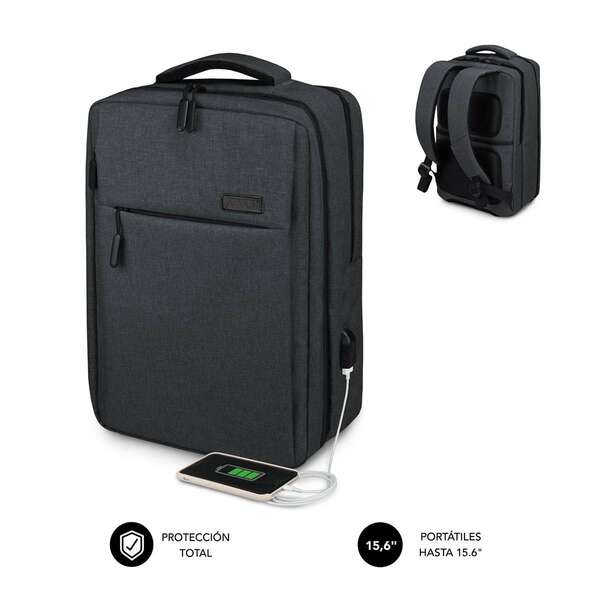 Subblim Mochila Para Portatiles De 15,6" - Espacio Acolchado Para Portatil - Bolsillo Para Tablet - Organizadores Internos - Puerto Usb - Color Negro