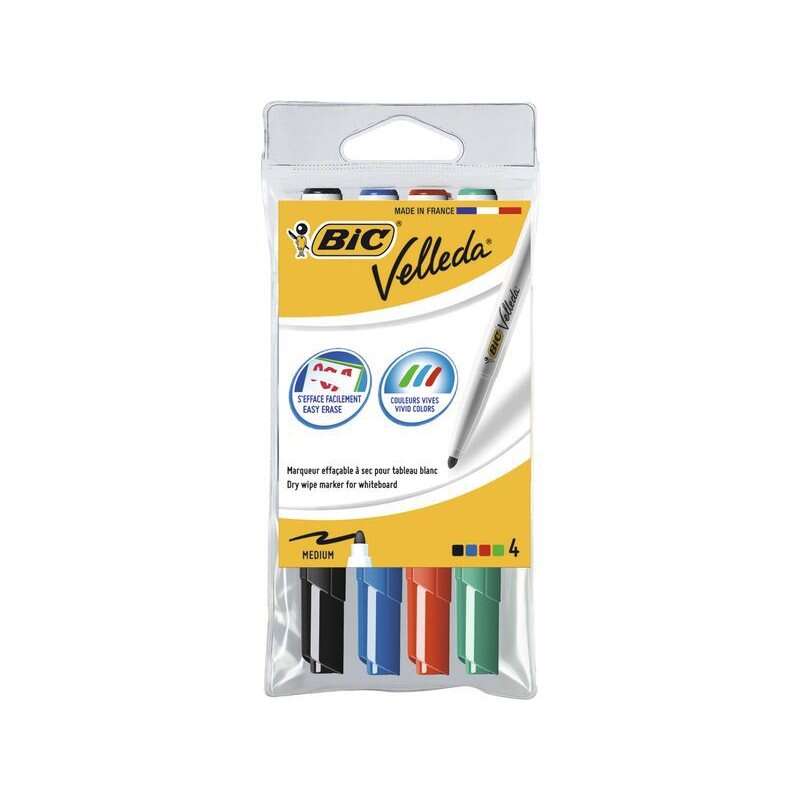Bic Velleda 1741 Pack De 4 Rotuladores Para Pizarra - Punta Media - Trazo De 1.4Mm - Borrado Optimo - Colores Surtidos