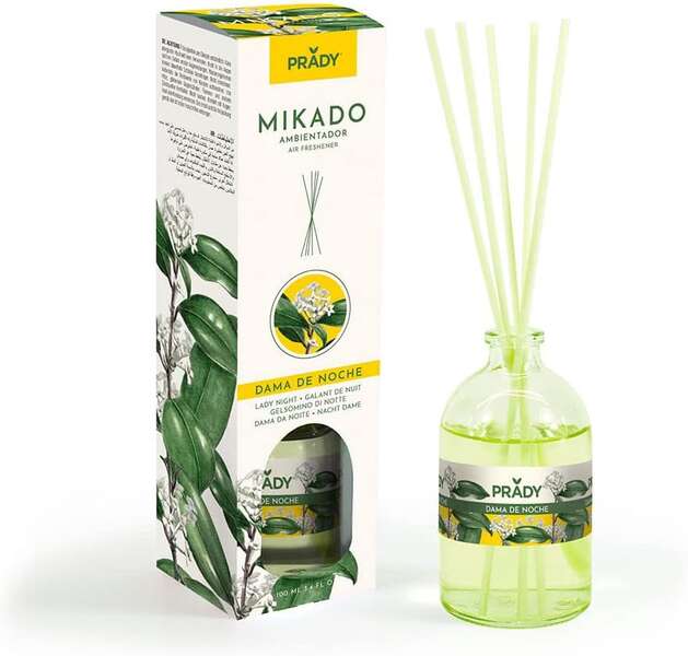 Prady Ambientador Mikado Dama De Noche - Frasco De Cristal 100Ml Y Varitas Difusoras