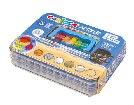 Carioca Acrylic Maleta De Plastico Con 24 Marcadores De Pintura Acrilica - Punta Pincel - Tinta A Base De Agua - Alta Cobertura - Colores Surtidos