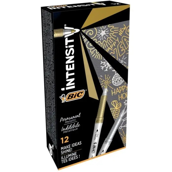 Bic Intensity Metallic Rotulador Permanente - Punta Media 1.8Mm - Trazo 0.8Mm - Grip Texturizado - Color Oro Y Plata