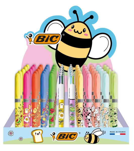 Bic Kawaii Pack De 144Uds + Expositor Con Capacidad Para 60Uds - Incluye 120 Marcadores Fluorescentes Highlighter Grip En Colores Surtidos, 12 Boligrafos Bic 4 Colours Fun Y 12 Boligrafos Bic 4 Colours - Diseños Kawaii