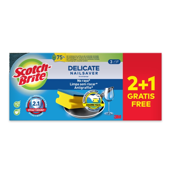 Scotch-Brite Delicate Pack De 3 Estropajos De Cocina - Proteccion Para Los Dedos - Promocion 2 + 1 Gratis - No Raya - Color Amarillo