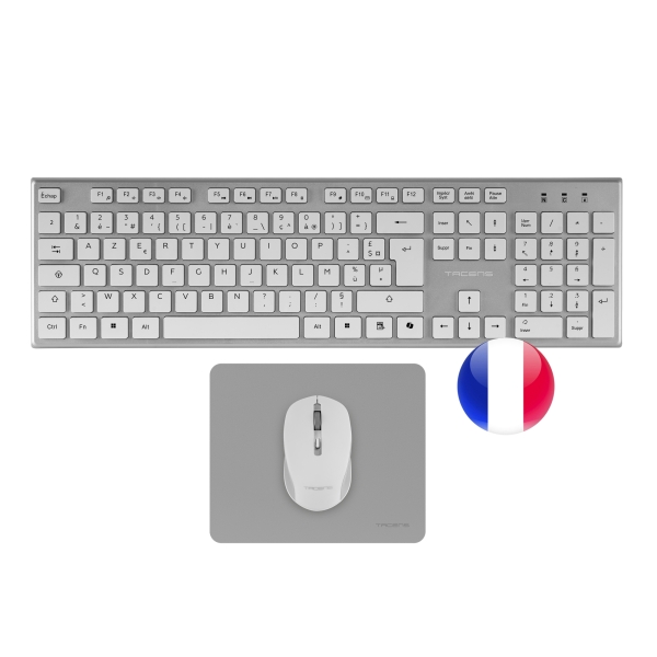 Tacens Zenith Combo Pack Inalabrico De Teclado Completo + Raton Y Alfombrilla - Disposicion Francesa Azerty Fr - Teclas Silenciosas De Perfil Bajo - Sensor De 3200Dpi - Conexion Dual Link 2.4Ghz - Switches Huano - Color Blanco