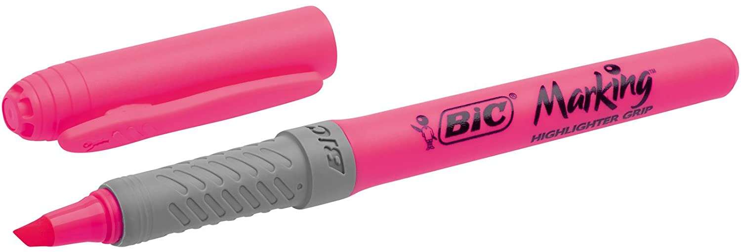 Bic Highlighter Grip Marcador Fluorescente - Tinta Con Base De Agua - Punta Biselada - Trazo Entre 1.60 Y 3.30 Mm - Color Rosa