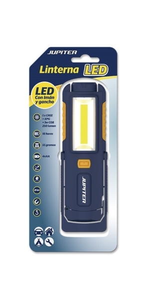 Jupiter Linterna De Trabajo Led+Cob 250Lm - Con Iman Y Gancho - Resistencia Ip44 - Funciona Con 4 Pilas Aa (No Incluidas) - Color Azul