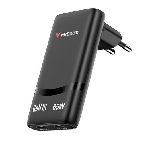 Verbatim Cargador Pared Gan Fold 'N' Go 65W 2Xusb-C 3.0 Negro