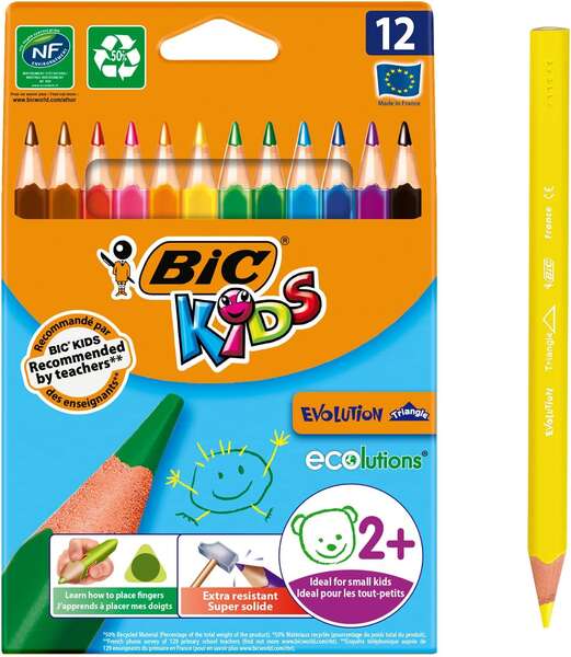 Bic Kids Evolution Triangle Pack De 12 Lapices De Colores Triangulares - Punta Ultraresistente - Sin Madera