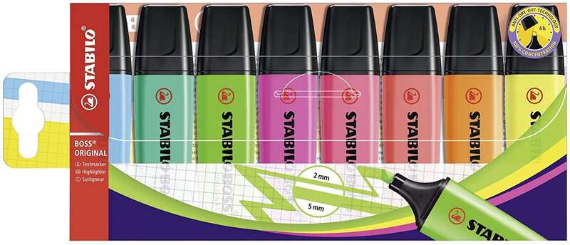Stabilo Boss 70 Pack De 8 Marcadores Fluorescentes - Trazo Entre 2 Y 5Mm - Recargable - Tinta Con Base De Agua - Colores Surtidos