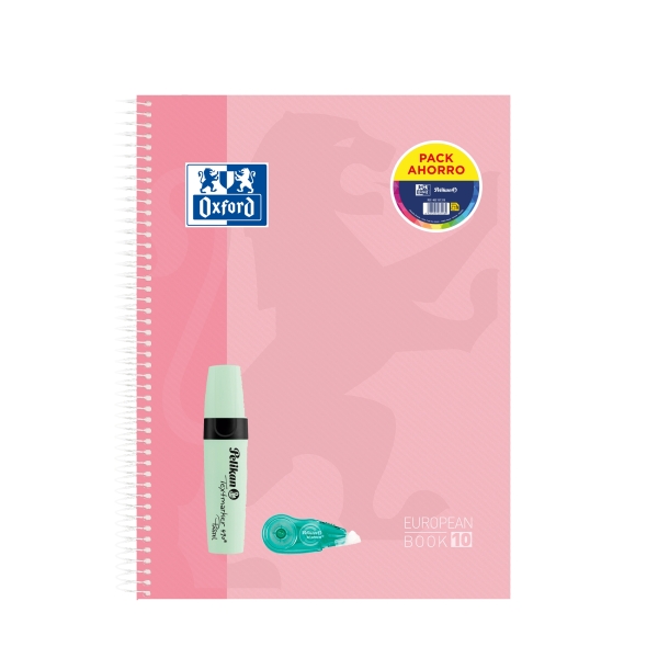 Oxford Europeanbook 10 Touch Cuaderno A4+ Cuadriculado 5X5Mm 150 Hojas + Marcador Texmarker 490 Pastel Pelikan + Corrector Fancy Roller Pelikan - Tapa Extradura - 10 Bandas De Color - Colores Pastel Surtidos