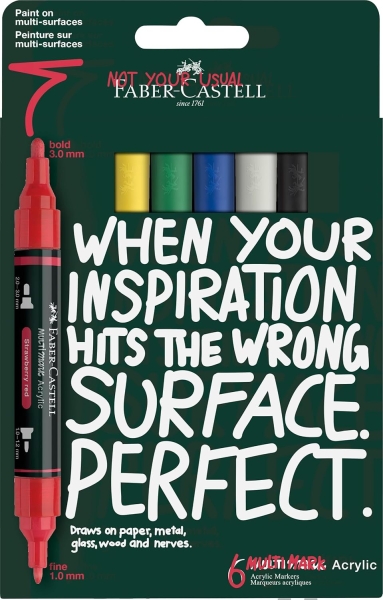 Faber-Castell Multimark Acrylic Pack Con 6 Rotuladores Acrilicos Doble Punta - Puntas Redondas De 1Mm Y 3Mm - Tinta Acrilica A Base De Agua - Colores Surtidos