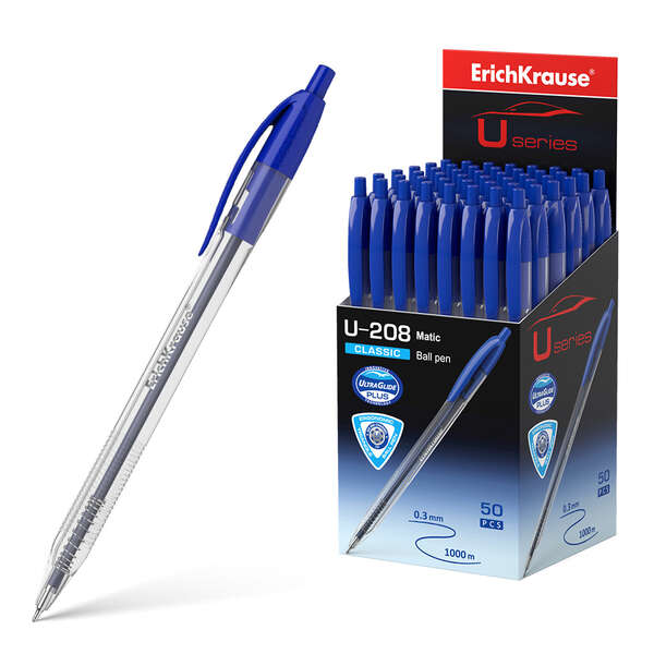 Erichkrause Boligrafo Automatico U-208 Classic Matic - Ultra Glide Technology - Cuerpo Transparente Con Grip - Color Azul