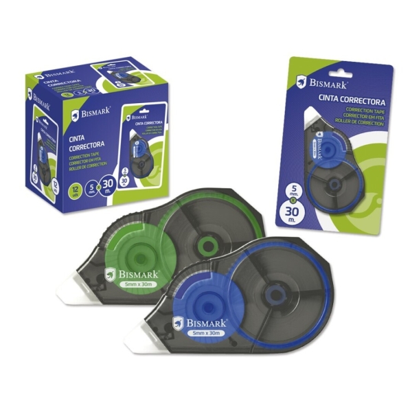 Bismark Cinta Correctora 5Mmx30M - Perfecta Adherencia Al Papel - Presentacion En Blister Individual - Colores Surtidos Aleatorios