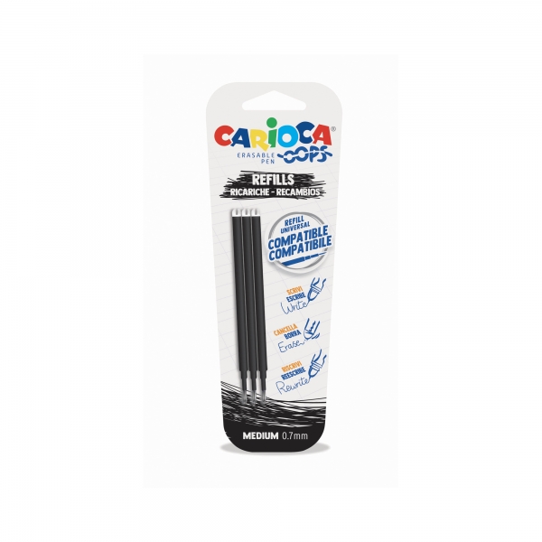 Carioca Oops Pack De 3 Recambios Para Boligrafo Borrable - Tinta Termo Sensible - Punta De 0.7Mm - Compatibles Con Boligrafo Oops - Color Negro