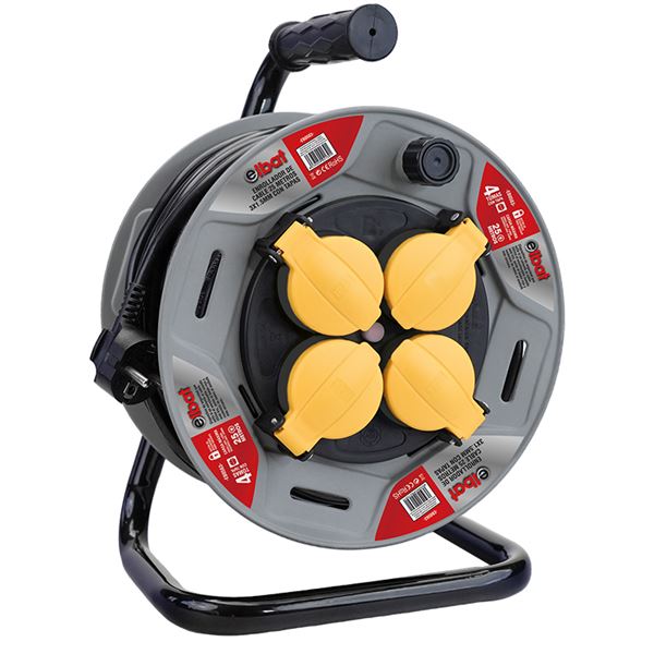 Elbat Enrollador Alargador Con Proteccion Termica - 4 Shukos - Carga Maxima Enrollado 1100W, Desenrollado 3200W - Cable De 25M