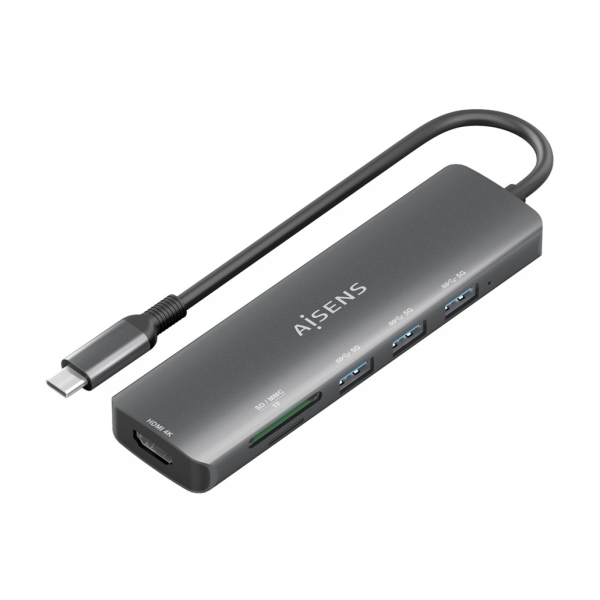 Aisens Usb-C Dock 6 En 1 - Usb-C A 1Xhdmi - 3Xusb-A -  1Xsd - 1Xmicrosd - 15Cm - Color Gris