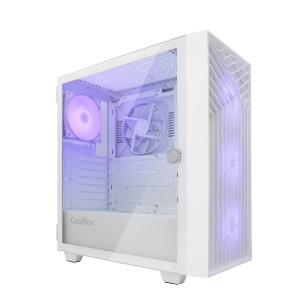 Coolbox Ga300 Gridline Caja Torre Atx, Micro Atx, Mini-Itx - Lateral Cristal Templado - Tamaño Hdd 2.5", 3.5" - Usb-A 3.0, Usb-C Y Audio - 3 Ventiladores Argb 120Mm - Soporta Refrigeracion Liquida - Color Blanco