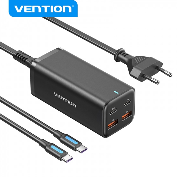 Vention Cargador Gan Portable 4 Puertos Sobremesa Pd100W Kit Cable - Eu - Color Negro