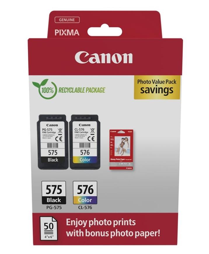 Canon Tinta Ecopack Bk+ C / M / Y + 50H Papel Fotográfico 10X15 Para Pixma Tr 4750I/4751I/4755I - Ts 3550I/3551I - Pg 575 + Cl 576