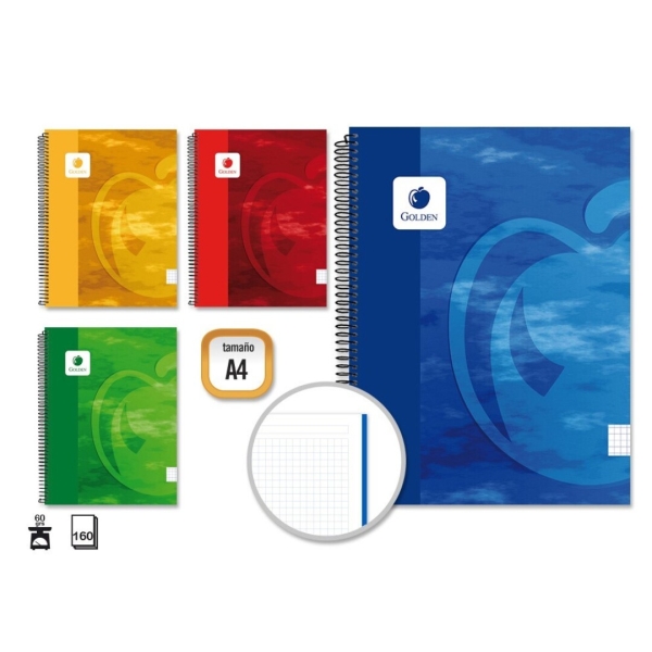 Golden Cuaderno Espiral A4 160 Hojas 60Grs Cuadricula 5X5 - Hojas Microperforadas - Tapa Dura Plastificada - Colores Surtidos