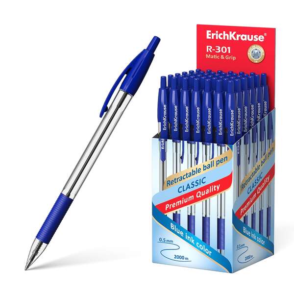 Erichkrause R-301 Classic Matic&Grip Boligrafo Retractil Punta De 1.0Mm - Trazo 0.5Mm - Grip De Agarre - Tinta De Secado Rapido - Color Azul
