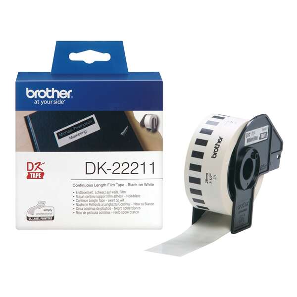 Brother Dk22211 - Etiquetas Originales De Tamaño Personalizado De Pelicula Plastica - Ancho 29Mm X 15,24 Metros - Texto Negro Sobre Fondo Blanco