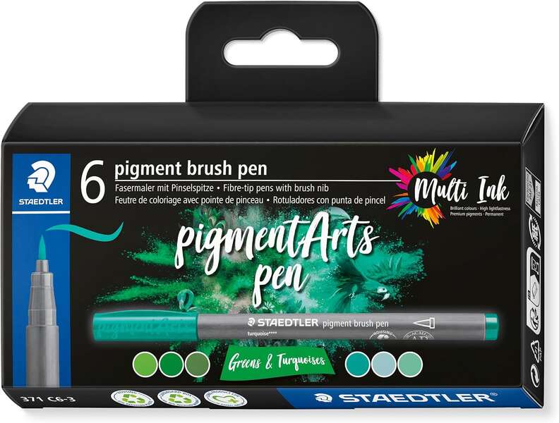 Staedtler 371 Pack De 6 Rotuladores Punta De Pincel Suave - Colores Vivos Y Brillantes - No Amarillea Con El Paso Del Tiempo - Nueva Tinta Multi Ink - Pigmentos De Primera Calidad - Colores Verdes/Turquesas Surtidos