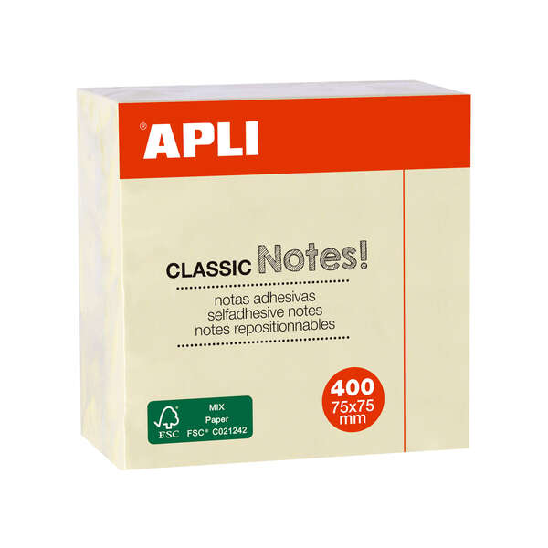 Apli Notas Adhesivas Classic 75X75Mm - Cubo De 400 Hojas - Adhesivo De Calidad - Facil De Despegar - Amarillo