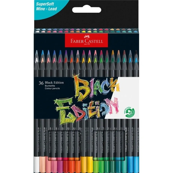 Faber-Castell Black Edition Pack De 36 Lapices De Colores - Mina Supersuave - Madera Negra - Ideales Para Dibujo Sobre Papel Claro, Oscuro Y De Colores - Colores Surtidos