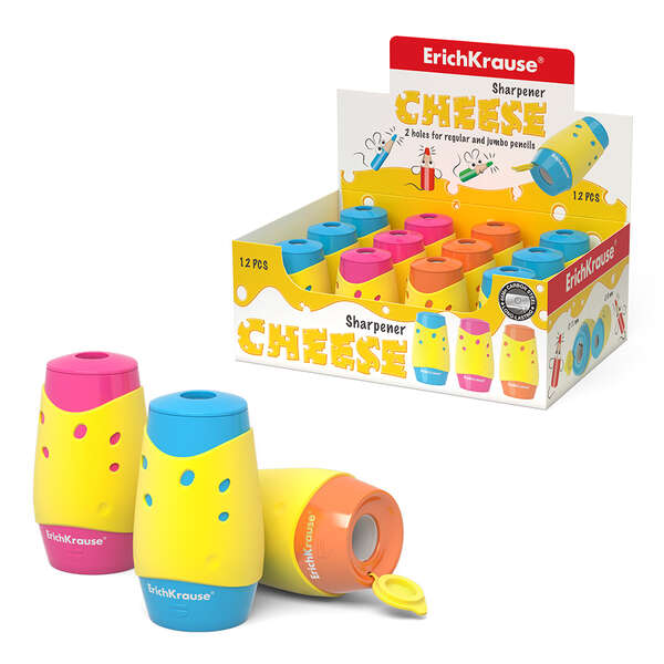 Erichkrause Cheese Sacapuntas Con Deposito - 2 Orificios De 8 Y 11Mm - Diseño De Queso - Hoja De Acero Al Carbono - Colores Surtidos