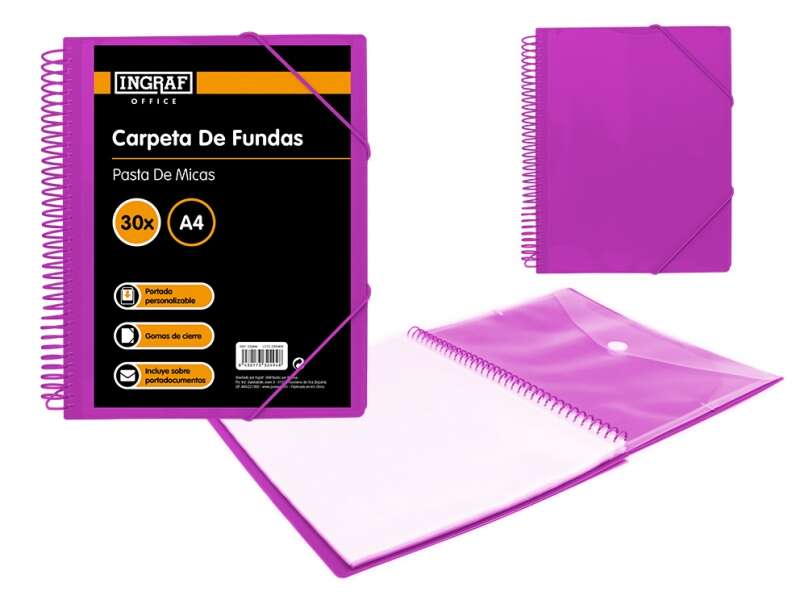 Ingraf Carpeta 30 Fundas A4 + Sobre Con Broche - Espiral Plastica Indeformable - Apertura 360 Grados - Portada Personalizable - Color Morado