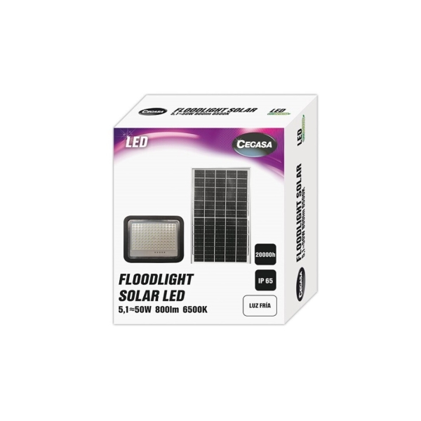 Cegasa Floodlight Foco Solar Led 800Lm 6500K - Panel Solar Integrado 5V-6W - Autonomia Hasta 12H - Resistencia Ip65