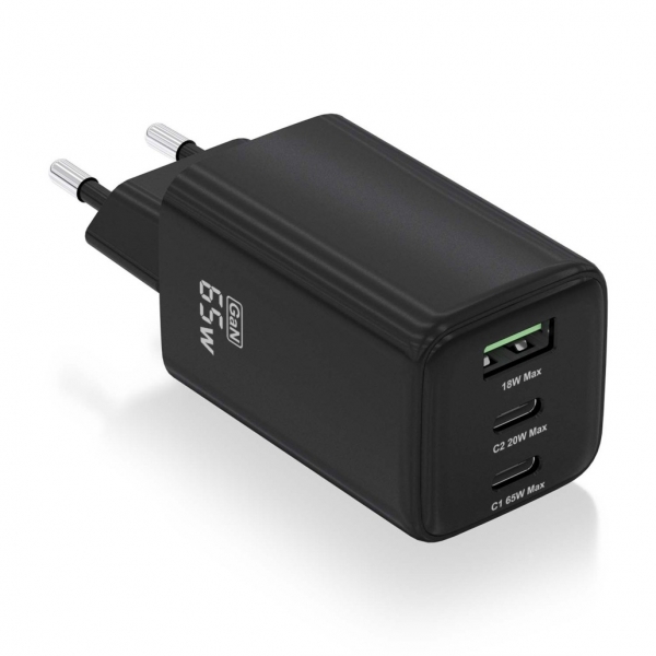Aisens Cargador Gan Usb-C 65W - Alta Eficiencia Energetica - Tecnologia Ai Para Carga Rapida - Multiples Protecciones De Seguridad - Compatible Con Usb-C Y Usb-A - Carga Simultanea De 3 Disositivos
