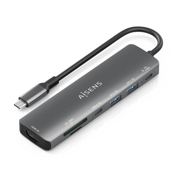 Aisens Usb-C Dock 7 En 1 - Usb-C A 1Xhdmi - 2Xusb-A - 1Xusb-C - 1Xusb-C 100W - 1Xsd - 1Xmicrosd - 15Cm - Color Gris