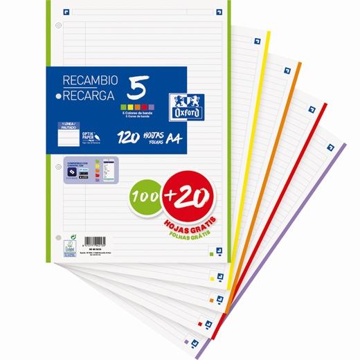 Oxford Recambio 100H + 20H Gratis A4 Sueltas 90Gr 1 Línea 4 Taladros 5 Bandas Colores Vivos