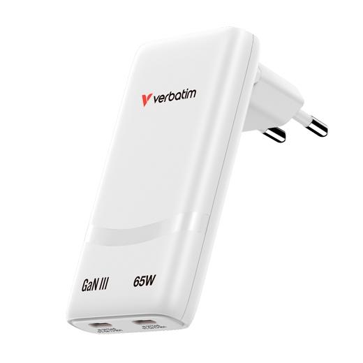 Verbatim Cargador Pared Gan Fold 'N' Go 65W 2Xusb-C 3.0 Blanco