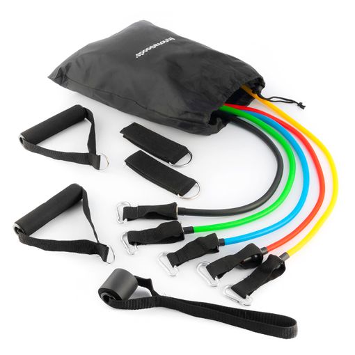 Innovagoods Rebainer Set De 5 Bandas De Resistencia Con Accesorios - Resistencia Ajustable - Guia De Ejercicios - Portatil - Mangos De Espuma - Accesorios Incluidos - Colores Segun Nivel -