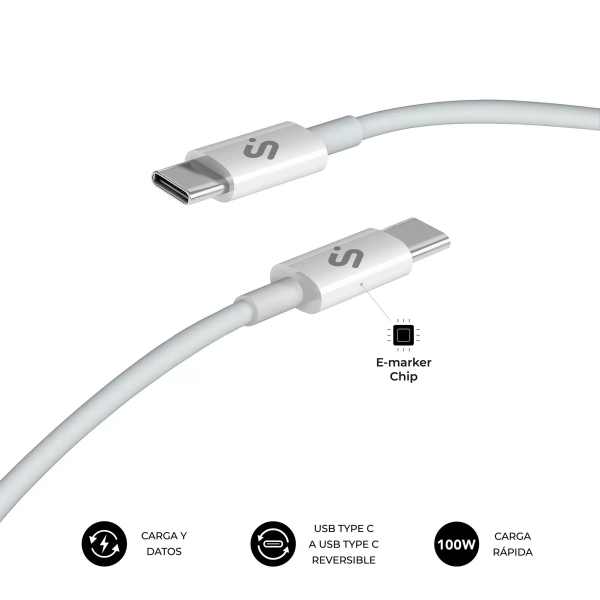Subblim Cable Plus Usb-C - 100W - Nylon Trenzado - 480Mbps - Chip E-Marker - 1 Metro - Color Blanco