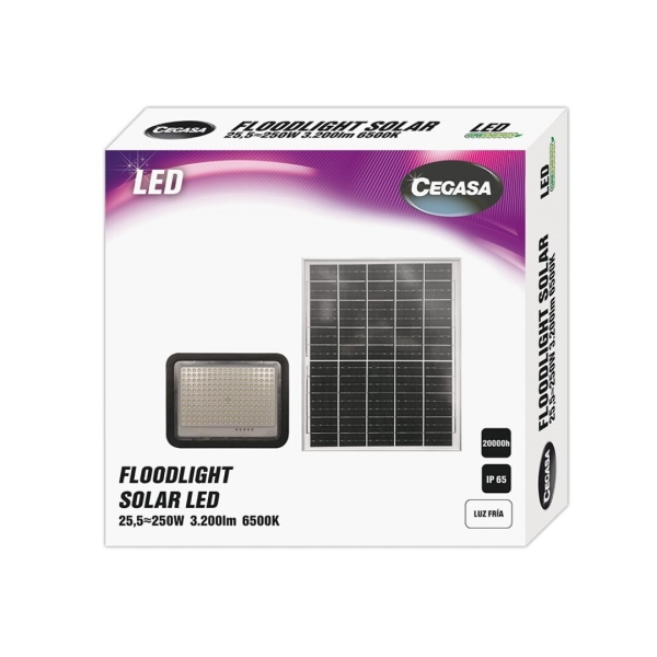Cegasa Floodlight Foco Solar Led 3200Lm 6500K - Panel Solar Integrado 5V-25W - Autonomia Hasta 12H - Resistencia Ip65