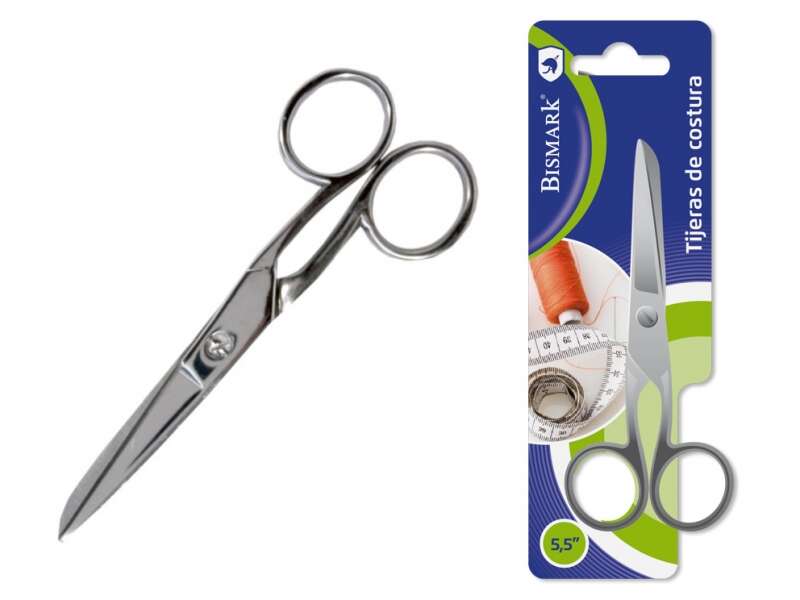Bismark Tijera De Costura En Acero Inoxidable 14Cm - Fijacion Por Tornillo - Presion Constante Entre Hojas - Presentacion En Blister - Color Plata