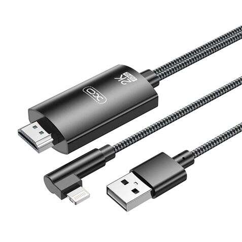 Xo Adaptador De Cable Lightning A Hdmi - Longitud De 1.8M - Soporte De Resolucion 2K(60Hz)/1080P - Intercambio De Datos Y Audio - Fuente De Alimentacion Usb - Color Negro
