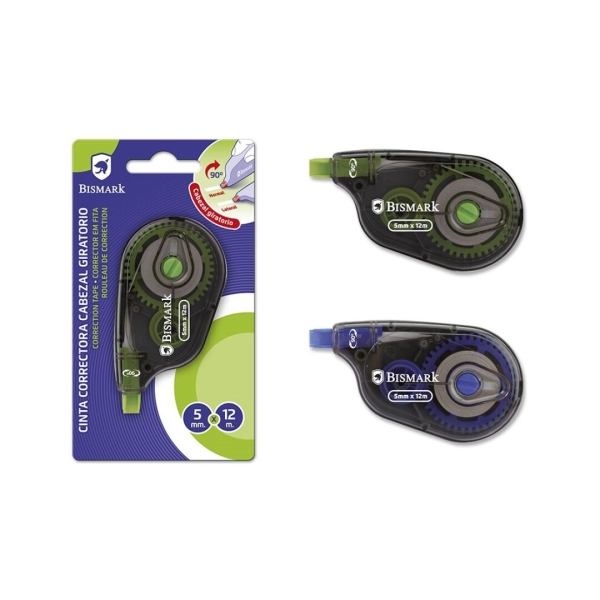 Bismark Twister Cinta Correctora 5Mmx12M - Cabezal Giratorio - Perfecta Adherencia Al Papel - Presentacion En Blister Individual - Colores Surtidos