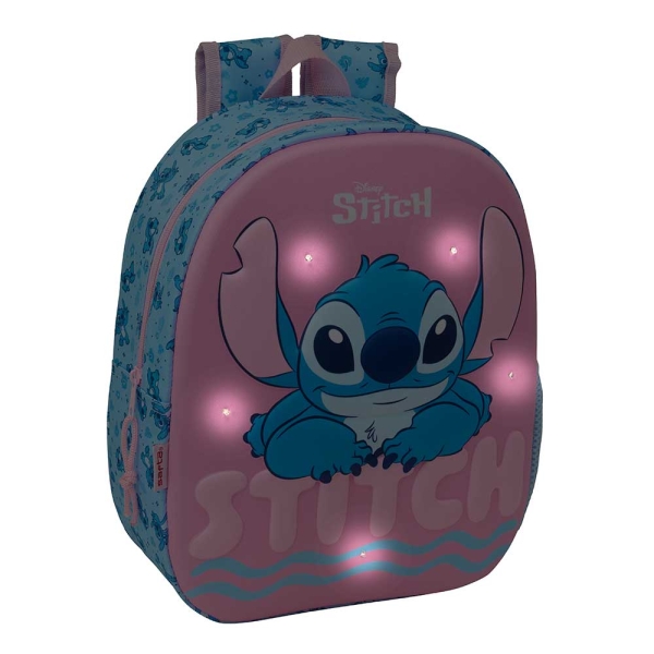 Safta Stitch Mochila 3D - Luces Led - Hombreras Acolchadas - Asa Superior Comoda - Portabotellas - 8.64L - 270X100X330Mm - Color Azul