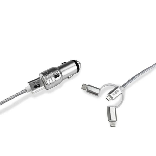 Subblim Cargador De Coche Doble Usb - Longitud 1M - Carga Rápida Hasta 2.400Amp/12W - Exterior De Fibra De Nailon Resistente - Color Plata